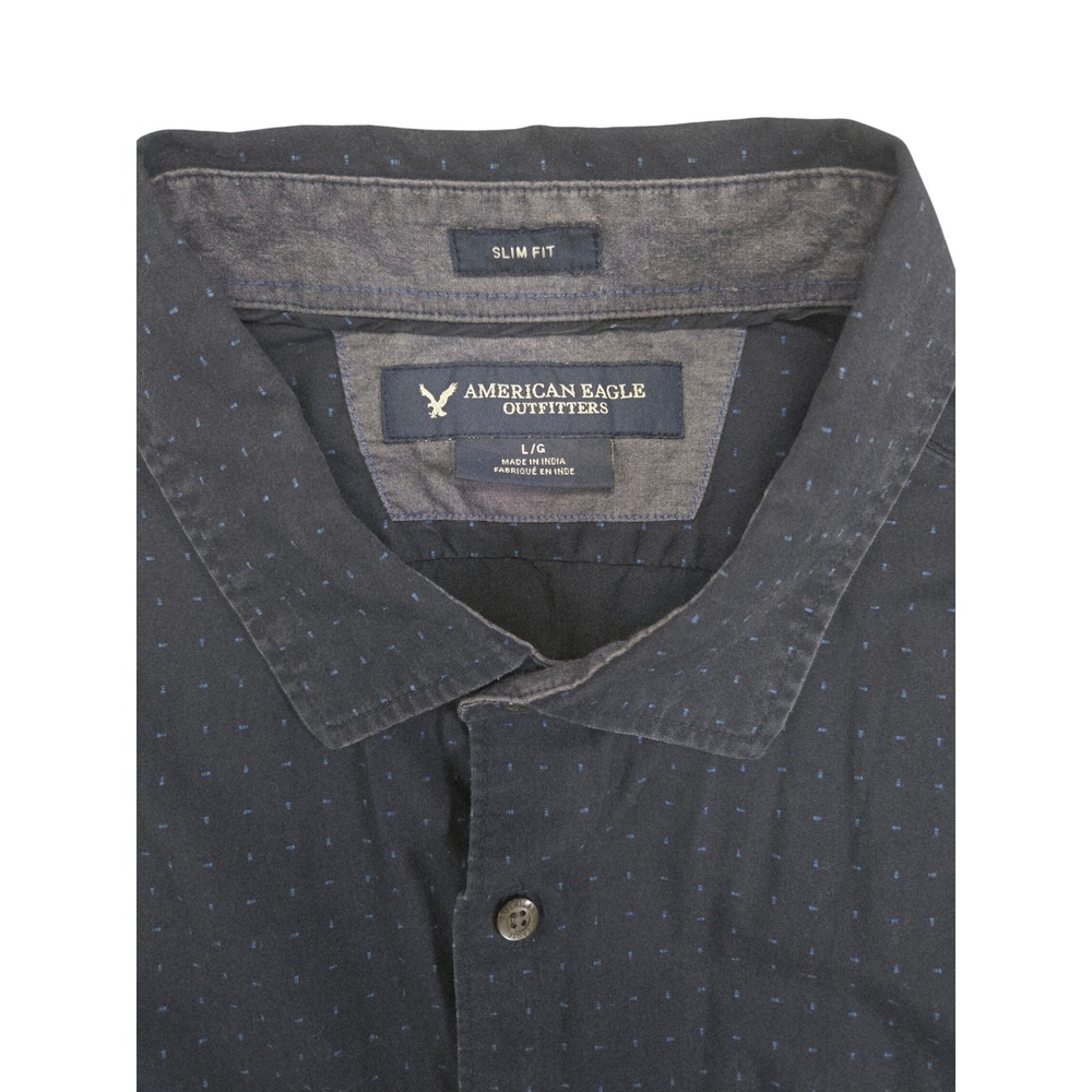 American Eagle Slim Fit Mens Large Button Down Shirt Navy Blue Cotton Micro Dot